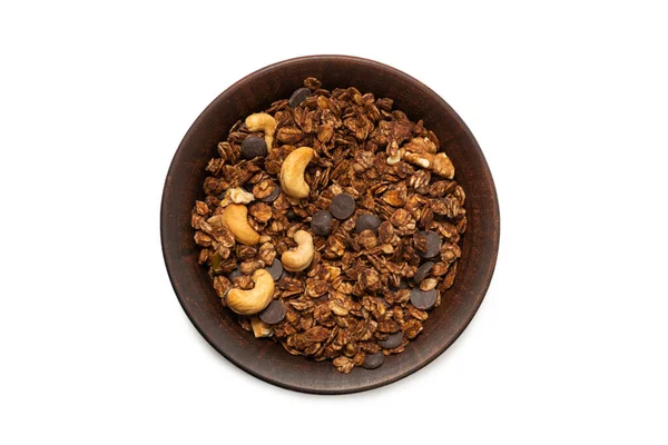 Cereales Granola Chocolate Con Nueces Fondo Hondo Aislado Suelo Baco —  Fotos de Stock