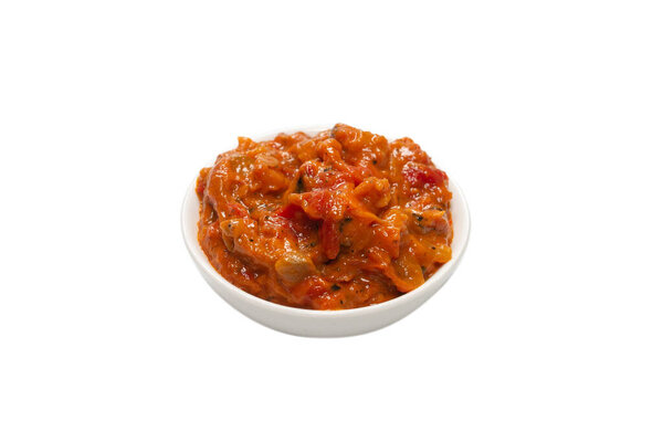 Vegetable stew in a bowl isolated on white background. 