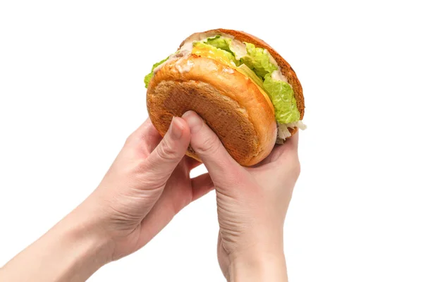Гамбургер Жіночих Руках Ізольований Білому Тлі Краєвид — стокове фото