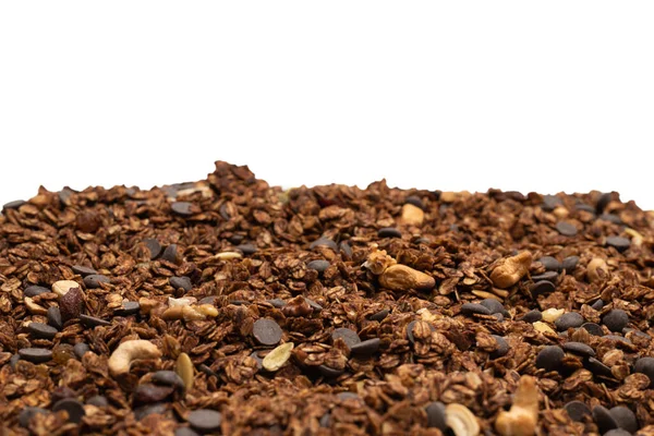 Chocolate Granola Cereal Nuts Background Isolated White Bacckground — Stock Photo, Image