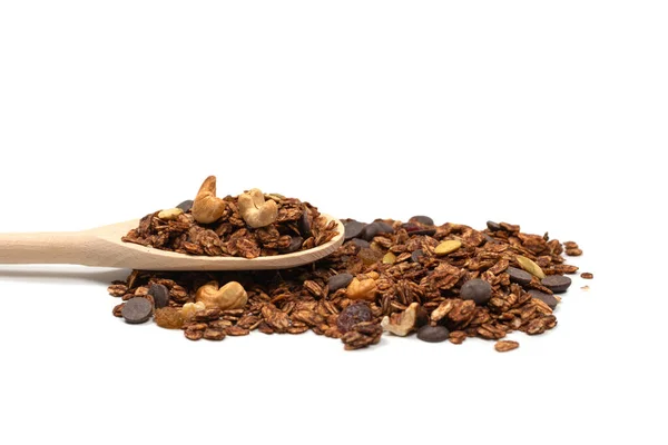 Chocolate Granola Cereal Nuts Wooden Spoon Isolated White Bacckground — Stock Photo, Image