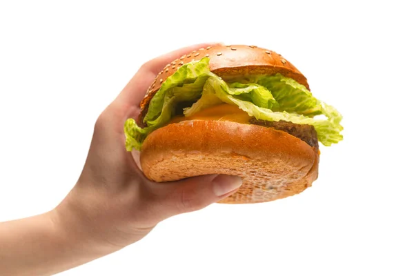 Hamburger Rękach Kobiety Odizolowany Białym Tle Widok Góry — Zdjęcie stockowe