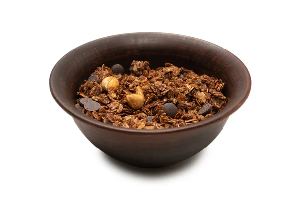 Cereales Granola Chocolate Con Nueces Fondo Hondo Aislado Suelo Baco —  Fotos de Stock
