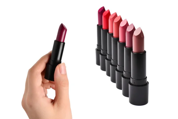 Lipstick Hand Van Vrouw Geïsoleerd Wit — Stockfoto