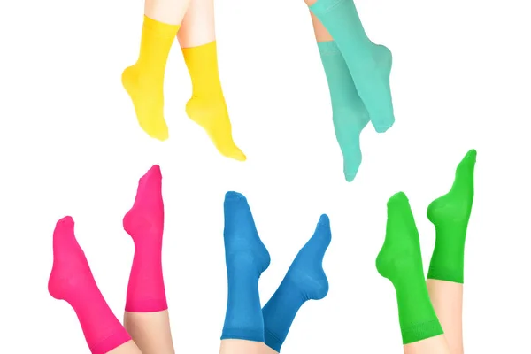 Beyaz Arka Planda Mor Çoraplı Bir Kadın Üst Görünüm — Stok fotoğraf
