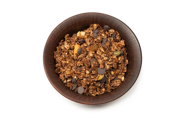 Cereales Granola Chocolate Con Nueces Fondo Hondo Aislado Suelo Baco —  Fotos de Stock