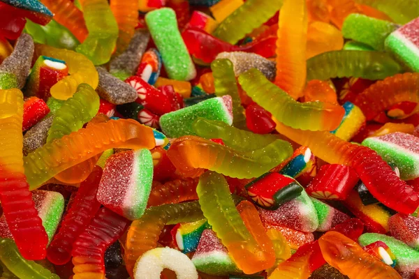 Assorted Tasty Gummy Candies Top View Jelly Sweets Background — Stock Photo, Image