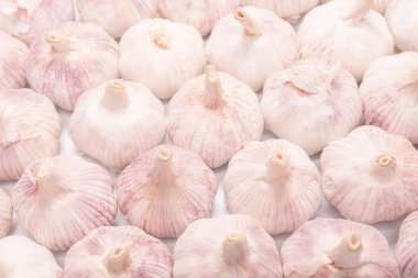 Beyaz arka planda izole edilmiş bir grup sarımsak. 