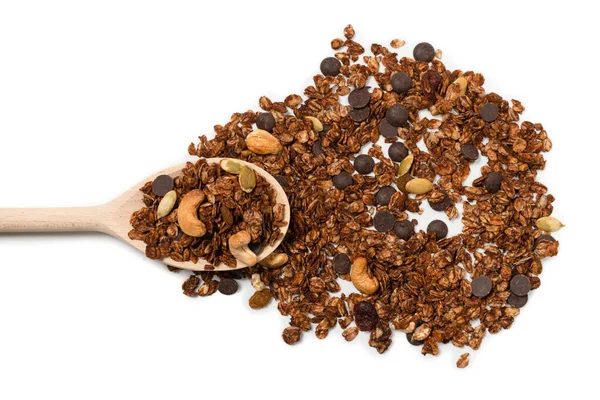 Chocolate Granola Cereal Nuts Wooden Spoon Isolated White Bacckground — Stock Photo, Image