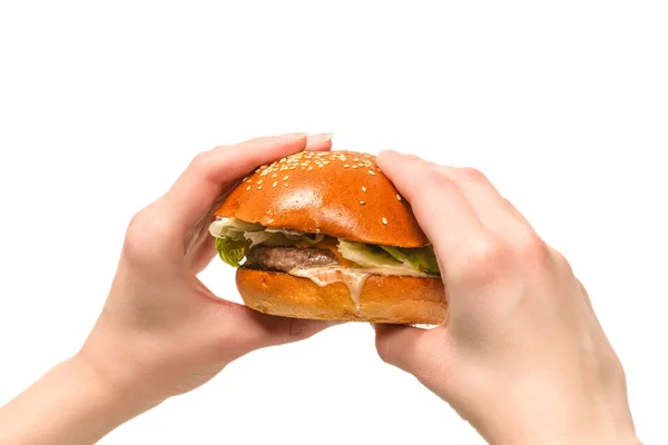 Hamburger Rękach Kobiety Odizolowany Białym Tle Widok Góry — Zdjęcie stockowe