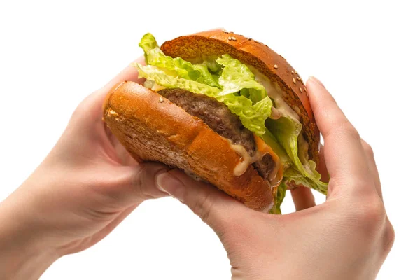 Гамбургер Жіночих Руках Ізольований Білому Тлі Краєвид — стокове фото