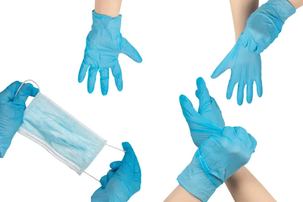 Woman Puts Protective Mask Blue Rubber Gloves Isolated White — Stock Photo, Image