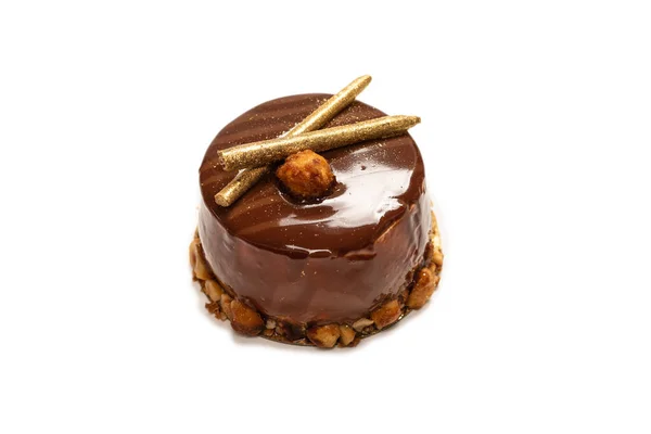 Schokolade Und Karamellkuchen Isoliert Auf Weißem Hintergrund Ansicht Von Oben — Stockfoto