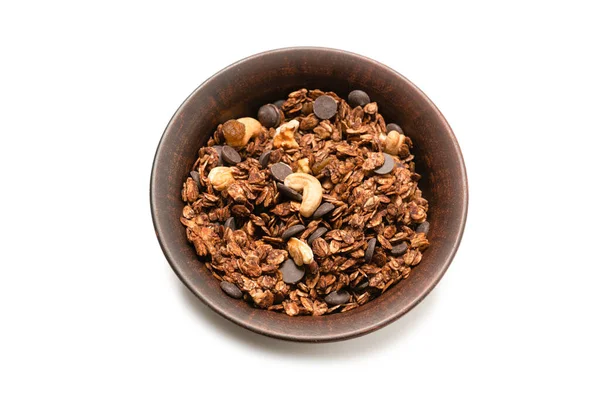 Cereales Granola Chocolate Con Nueces Fondo Hondo Aislado Suelo Baco —  Fotos de Stock