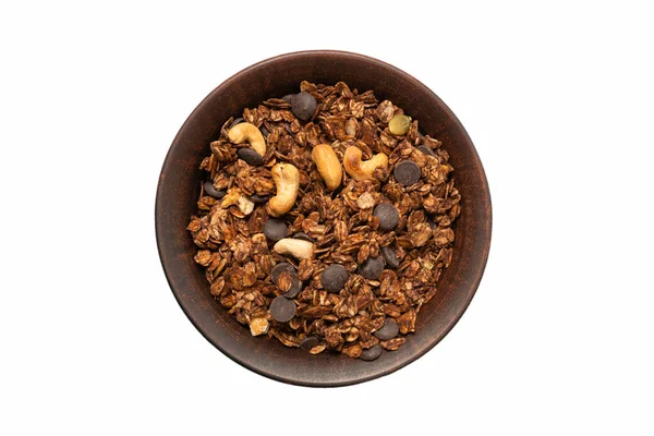 Cereais Granola Chocolate Com Nozes Fundo Tigela Isolado Chão Banho — Fotografia de Stock