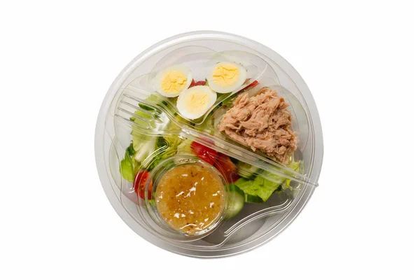 Salade Thon Frais Avec Laitue Cucombres Cerises Œufs Récipient Plastique — Photo
