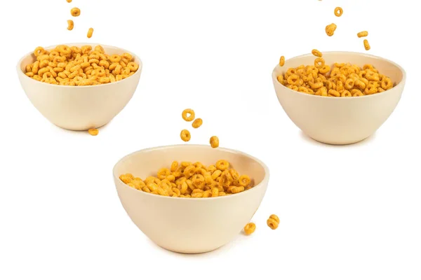 Caja Cereales Anillos Miel Para Desayuno Mañana Copos Maíz Cayendo —  Fotos de Stock