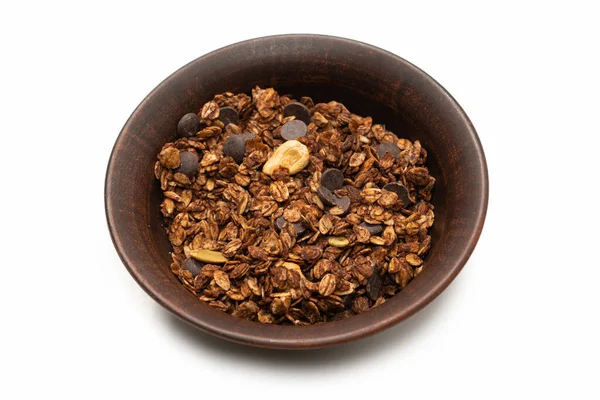 Cereales Granola Chocolate Con Nueces Fondo Hondo Aislado Suelo Baco —  Fotos de Stock