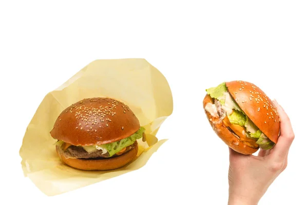 Hamburger Dans Les Mains Femme Isolé Sur Fond Blanc Vue — Photo