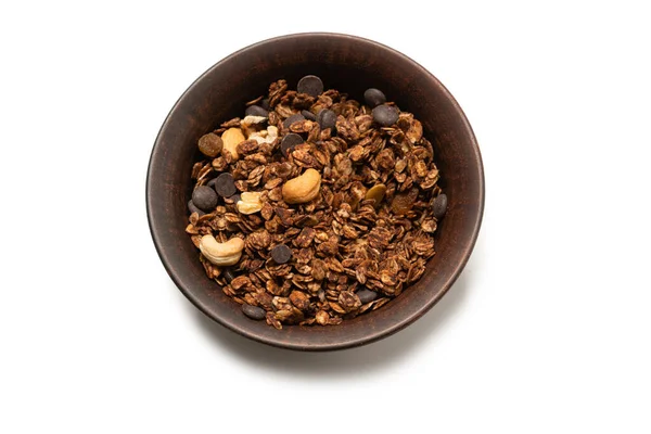 Cereales Granola Chocolate Con Nueces Fondo Hondo Aislado Suelo Baco —  Fotos de Stock