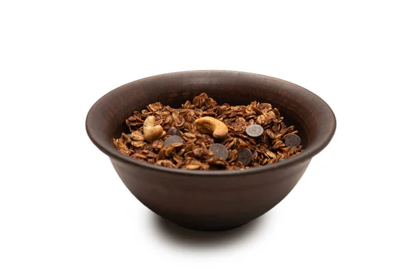 Cereais Granola Chocolate Com Nozes Fundo Tigela Isolado Chão Banho — Fotografia de Stock