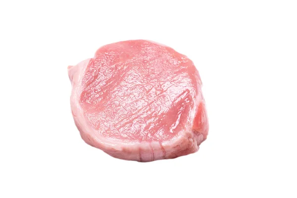 Morceaux Porc Cru Isolés Sur Fond Blanc Vue Dessus — Photo
