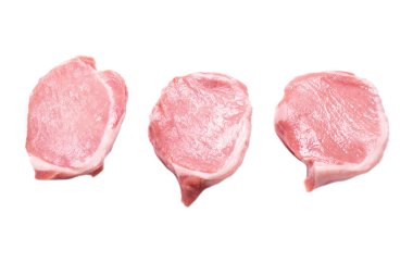 Beyaz arka planda çiğ domuz parçaları. Üst görünüm. 