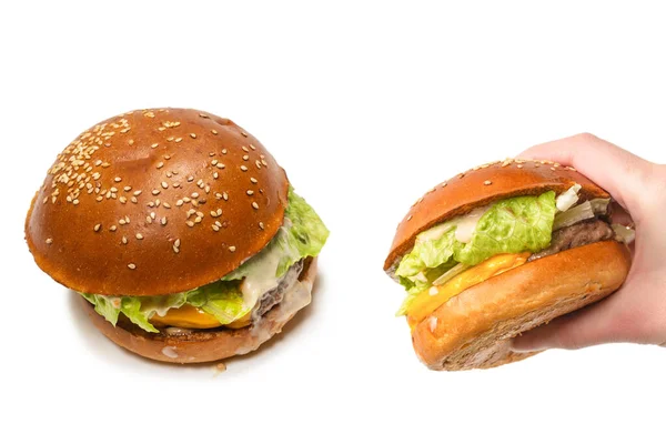 Hamburger Mani Donna Isolato Sfondo Bianco Vista Dall Alto — Foto Stock