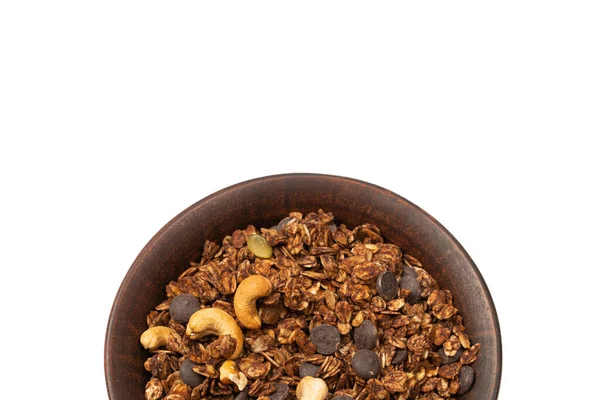 Cereales Granola Chocolate Con Nueces Fondo Hondo Aislado Suelo Baco —  Fotos de Stock