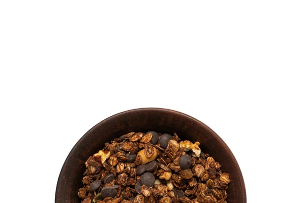 Cereais Granola Chocolate Com Nozes Fundo Tigela Isolado Chão Banho — Fotografia de Stock