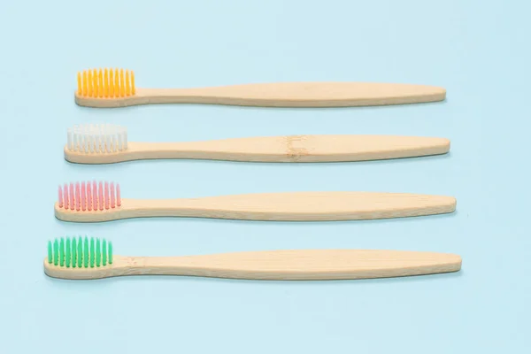 Bamboo Toothbrush Blue Background Top View — Stock Photo, Image