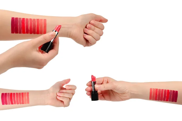 Lipstick Stalen Vrouw Hand Geïsoleerd Witte Achtergrond — Stockfoto