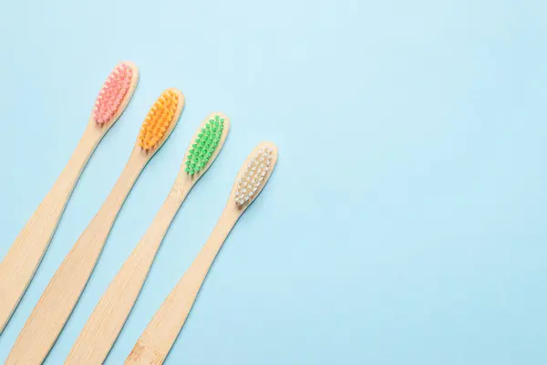 Bamboo Toothbrush Blue Background Top View — Stock Photo, Image