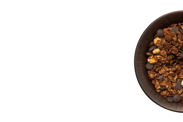 Chocolate Granola Cereal Nuts Bowl Background Isolated White Bacckground — Stock Photo, Image