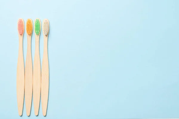 Bamboo Toothbrush Blue Background Top View — Stock Photo, Image