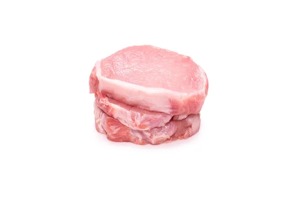 Rohe Schweinefleischstücke Isoliert Auf Weißem Hintergrund Ansicht Von Oben — Stockfoto