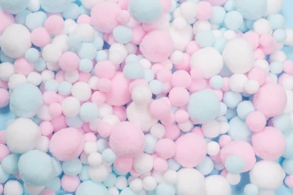 Pompones Blancos Rosados Azules Suaves Como Fondo Fondo Brillante — Foto de Stock