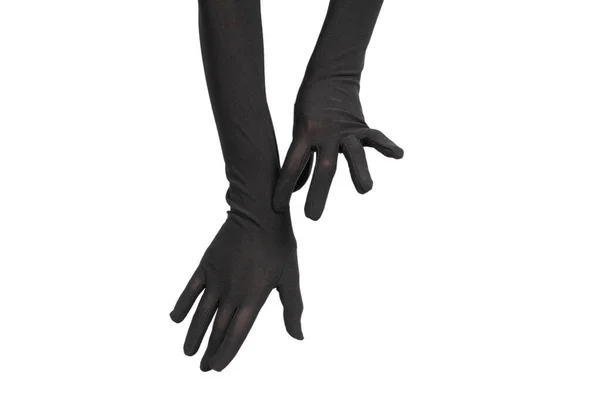 Vrouw Zet Lange Zwarte Handschoenen Geïsoleerd Een Witte Achtergrond — Stockfoto
