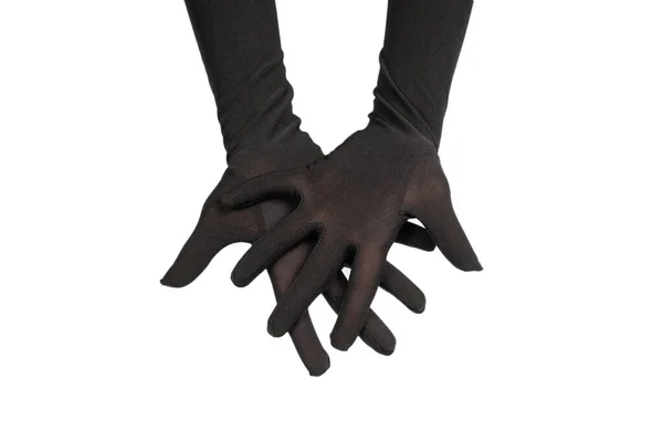 Woman Long Black Gloves Wantingor Asking Something Isolated White Background — Stock Photo, Image