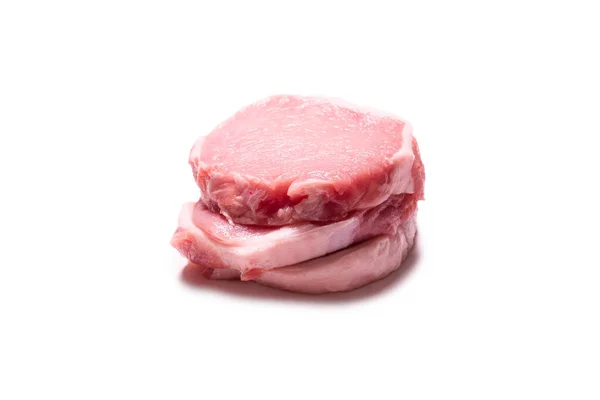 Raw Pork Pieces Isolated White Background Top View — Stock Photo, Image