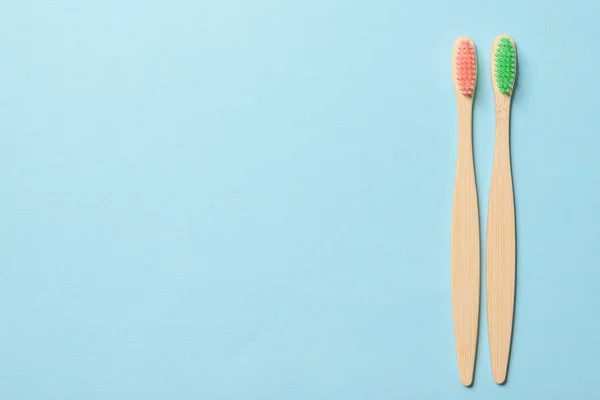 Bamboo Toothbrush Blue Background Top View — Stock Photo, Image