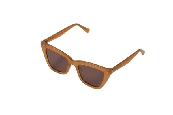 Frau Braune Trendige Sonnenbrille Isoliert Auf Weißem Hintergrund — Stockfoto
