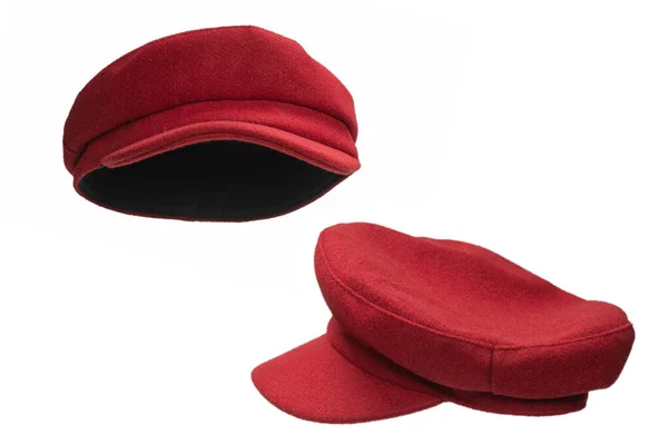 Kvinna Röd Hatt Med Ett Visir Isolerad Vit Bakgrund — Stockfoto