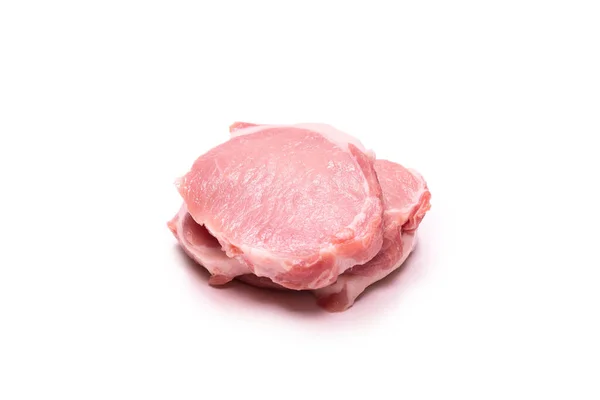 Rohe Schweinefleischstücke Isoliert Auf Weißem Hintergrund Ansicht Von Oben — Stockfoto
