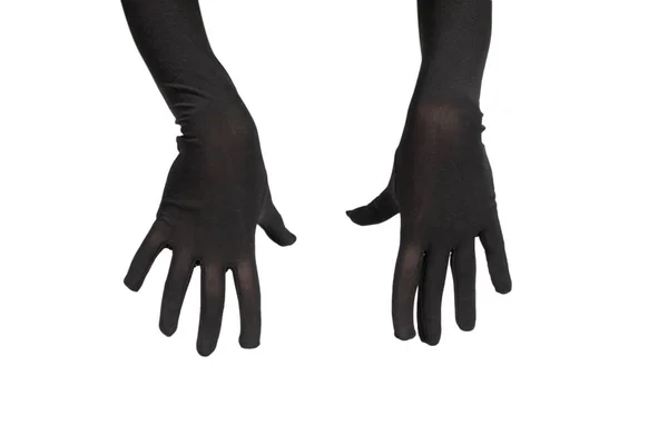 白い背景に隔離された何かを求めている長い黒い手袋の女性 — ストック写真