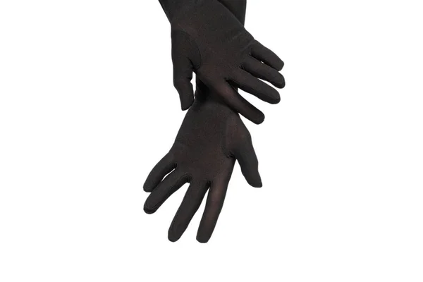 Frau Langen Schwarzen Handschuhen Die Nach Etwas Isoliertem Auf Weißem — Stockfoto