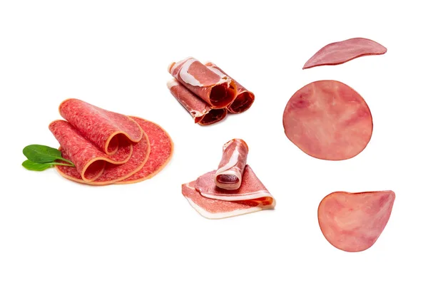 Affettato Gustoso Prosciutto Isolato Sfondo Bianco — Foto Stock