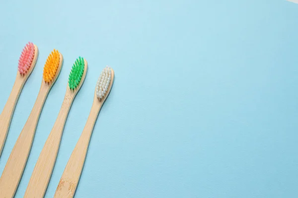 Bamboo Toothbrush Blue Background Top View — Stock Photo, Image