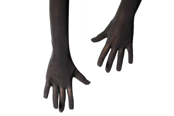 白い背景に隔離された何かを望んでいるか 求めている長い黒い手袋の女性 — ストック写真