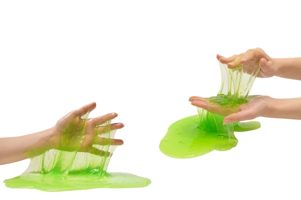 Zielony Szlam Zabawki Ręce Kobiety Izolowane Białym Tle — Zdjęcie stockowe